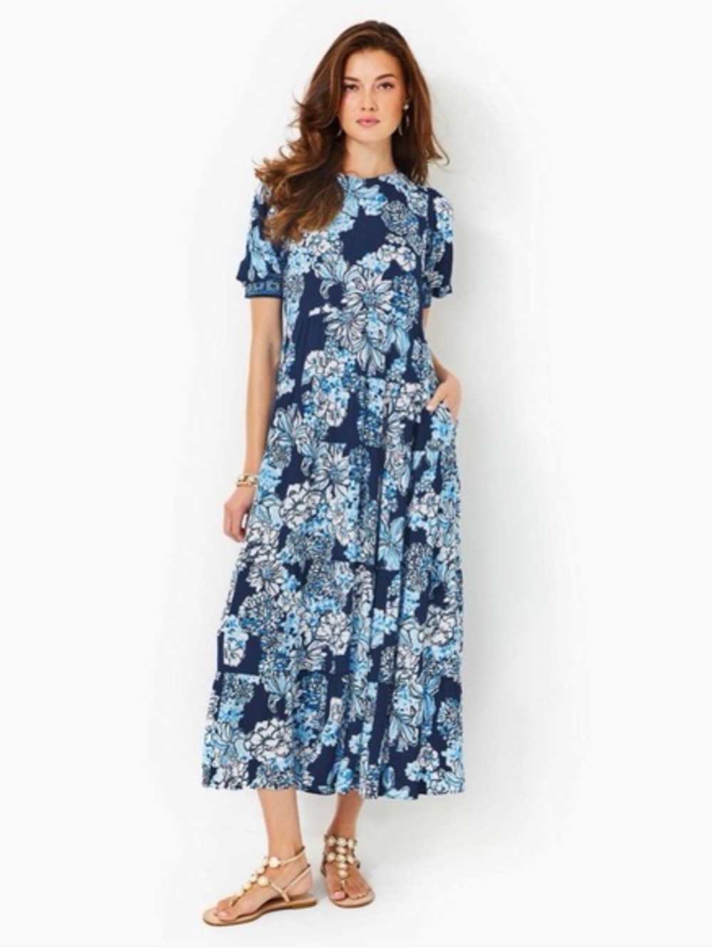 Lilly Pulitzer Amelia Elbow Sleeve Midi Dress with Light Blue and White Blooms 8